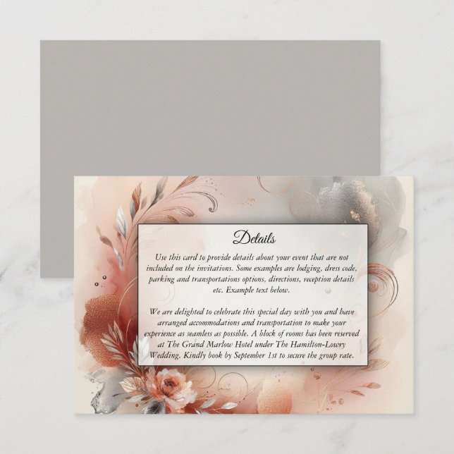 Cartão De Informações Blushing Petals and Silver Swirls Wedding (Frente/Verso)