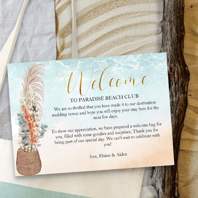 Cartão De Informações Boas-vindas ao Casamento de Destino da Praia de Oc (Ocean beach wedding welcome card - Boho Beach Collection)