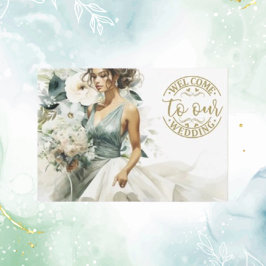 Cartão De Informações Boas-vindas Douradas Dusty Blue Eucalyptus Green