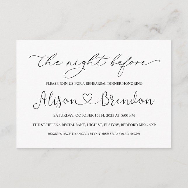 Cartão De Informações Boas-vindas Preto Branco à Noite Anterior (Frente)