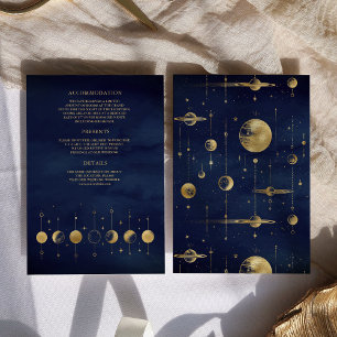 Cartão De Informações Bodas das Fases da Lua Crescente Dourada Azul Cele