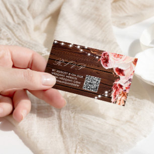 Cartão De Informações Bohemian Rosa Rustic Wood Weding QR Code RSVP