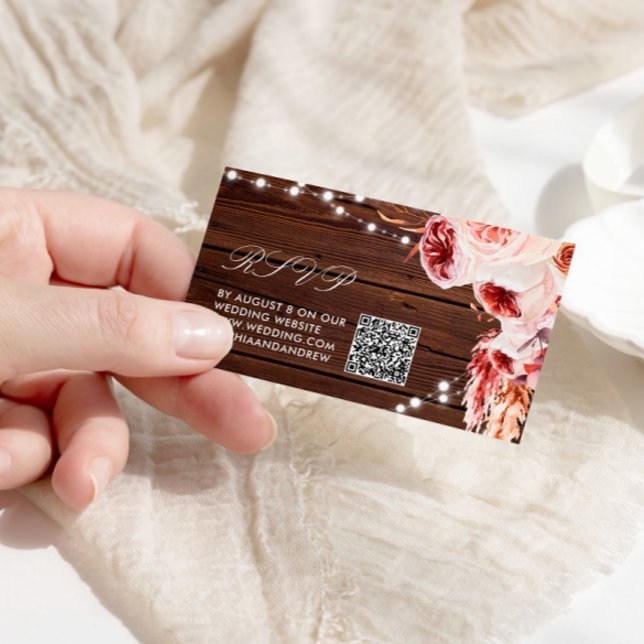 Cartão De Informações Bohemian Rosa Rustic Wood Weding QR Code RSVP (Criador carregado)