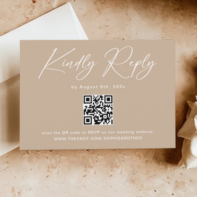 Cartão De Informações Boho Beige Neutral Wedding RSVP Qr Code (Criador carregado)