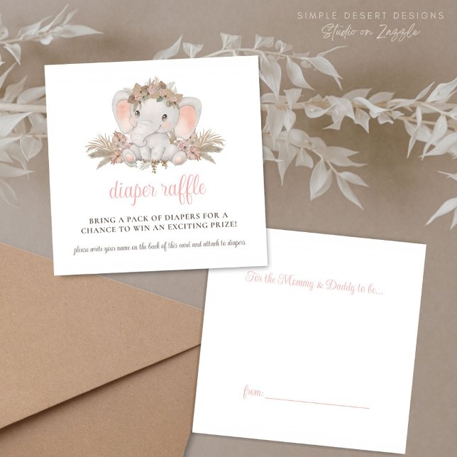 Cartão De Informações Boho Cute Elephant Fralda Raffle (Cute Pink Boho Floral Elephant Baby Shower Diaper Raffle Enclosure Cards Gift Tag)