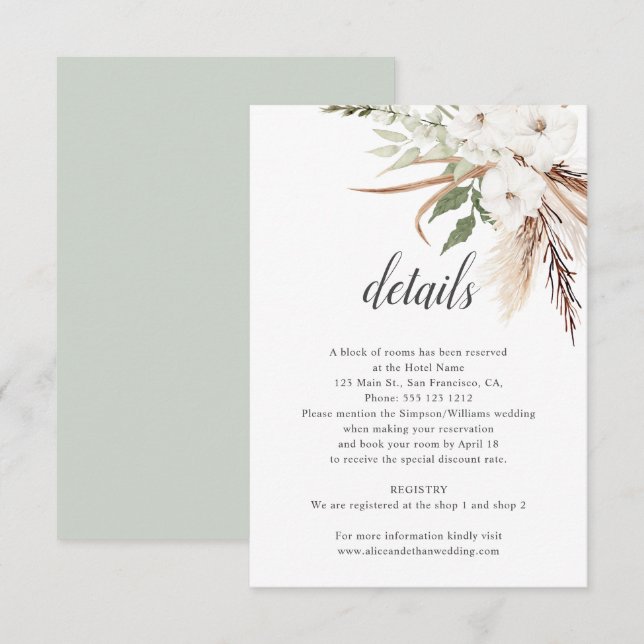 Cartão De Informações Boho Deixa Pampa Grass Detalhes Do Casamento (Frente/Verso)