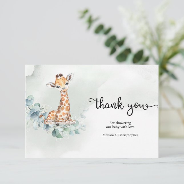 Cartão De Informações Boho eucalyptus greenery wreath baby giraffe (Em pé/Frente)