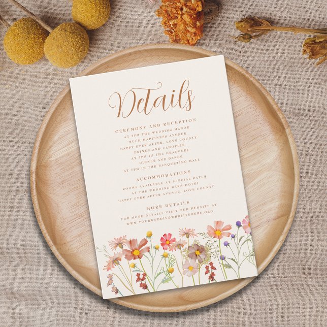 Cartão De Informações Boho Fall Floral Terracotta Detalhes do casamento (Wildflower meadow Wedding details card terracotta burnt orange beige cream fall watercolor florals )