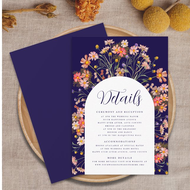 Cartão De Informações Boho Fall Rustic Floral Marinho Blue (Boho rustic floral arch navy blue and white wedding details enclosure card Autumn watercolors)