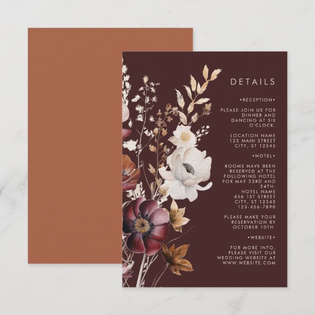 Cartão De Informações Boho Fall Wildflower Brown Casamento (Frente/Verso)