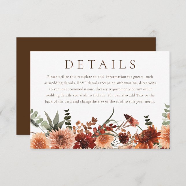 Cartão De Informações Boho Floral Terracotta Detalhes do Casamento (Frente/Verso)
