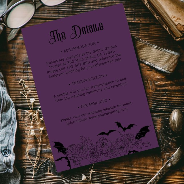 Cartão De Informações Boho Gothic Botanical Wedding Details Purple (Criador carregado)