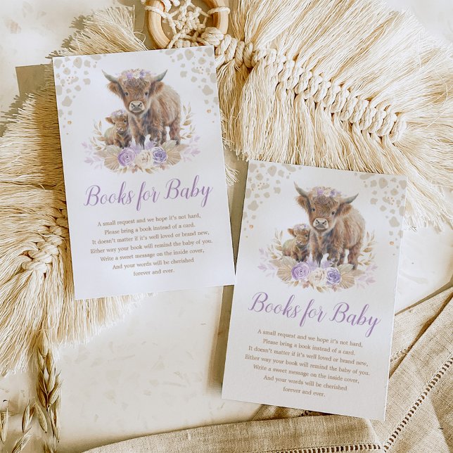 Cartão De Informações Boho Highland Cow Lilac Pampas Livros para Menina (Criador carregado)