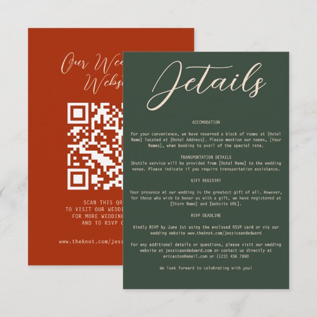 Cartão De Informações Boho Laranja Verde Casamentos Detalhes do Código Q (Frente/Verso)
