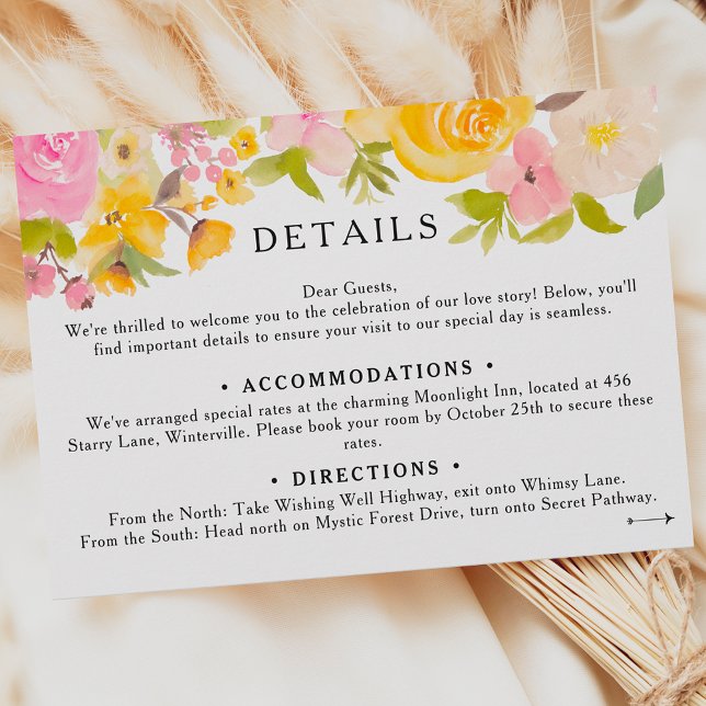 Cartão De Informações Boho meadow yellow floral Detalhes do casamento (Boho meadow yellow Winter Wedding details Enclosure Card)
