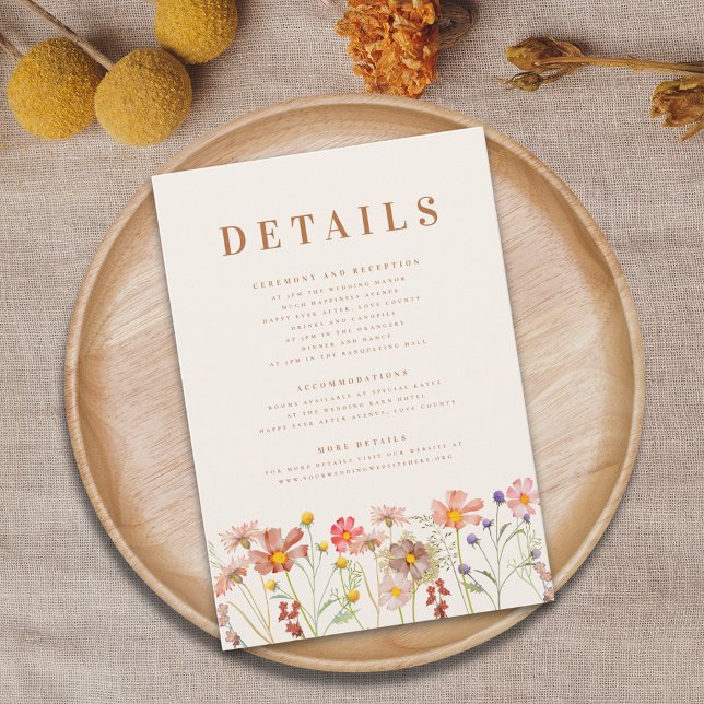 Cartão De Informações Boho Outono Floral Terracota Detalhes do Casamento (Terracotta Boho fall Wildflower Wedding details card with ceremony reception accommodations and more)