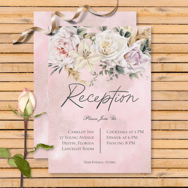 Cartão De Informações Boho Pampas e Recepção de casamento de Rosas Rosa (Criador carregado)