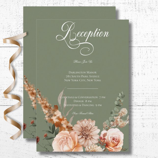 Cartão De Informações Boho Peach & Rust Sage Floral Recepção Verde (Boho Peach & Rust Floral Sage Green Reception Enclosure Card)