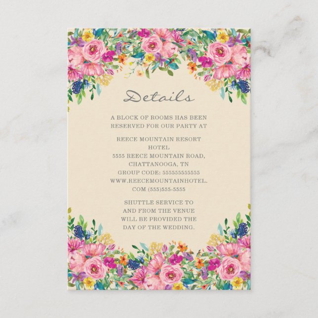 Cartão De Informações Boho Pink Blue Yellow Flowers Detalhes De Casament (Frente)