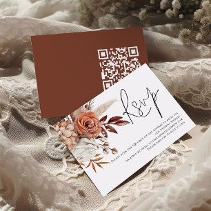 Cartão De Informações Boho Rust Florais Código QR Casamento RSVP Script 