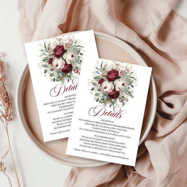 Cartão De Informações Boho Sofisticado com detalhes em verde e dourado e (Sophisticated Boho Burgundy Greenery Gold Details Card)