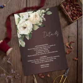 Cartão De Informações Boho White Roses e Dark Burgundy Detalhes do Casam