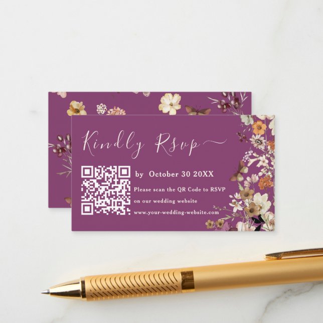 Cartão De Informações Boho Wildflower Rustic Berry Purple Casamento Rsvp (Frente/Verso In Situ)