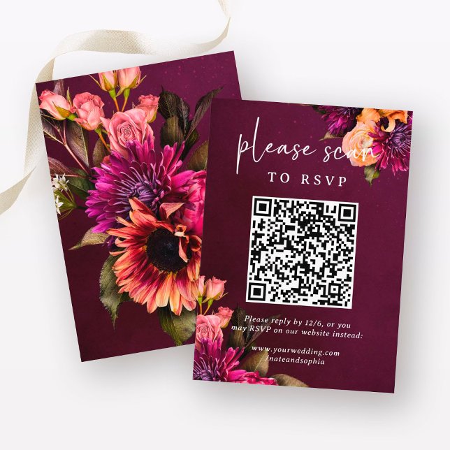 Cartão De Informações Bold Floral Wedding | RSVP com código QR (Criador carregado)