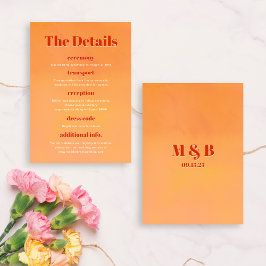 Cartão De Informações Bold Modern Orange Sunset Monogram Wedding Details