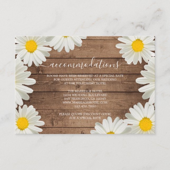 Cartão De Informações Bonito Daisies Rustic Wood Wedding Information (Frente)
