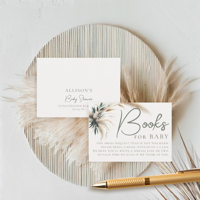 Cartão De Informações Books Chá de fraldas Pampas Greenery Neutral (boho baby shower books for baby card pampas greenery watercolor sage green beige neutral)