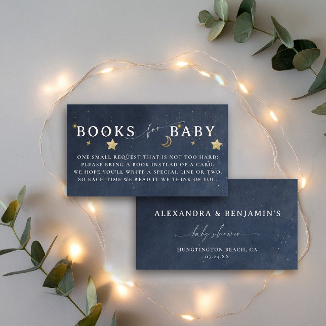 Cartão De Informações Books For Baby Moon Starry Night Navy Blue Stars (over the moon baby shower books insert navy gold stars mobile celestial twinkle starry night)