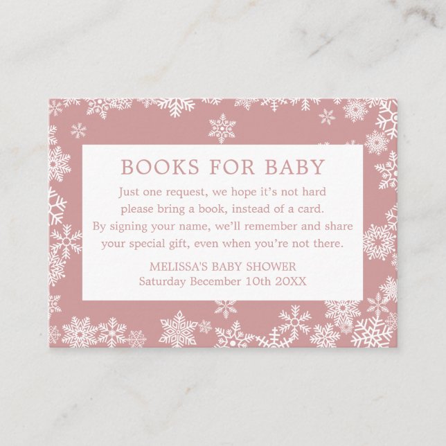 Cartão De Informações Books For Baby Winter Baby Shower Dusty Rose Pink (Frente)