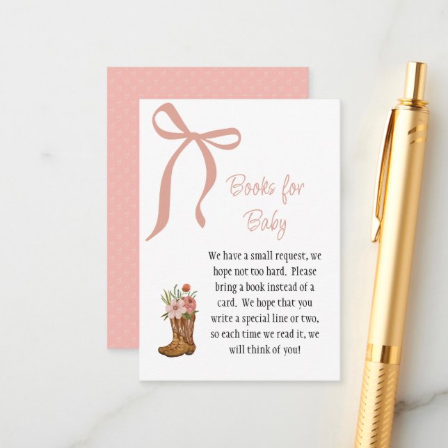 Cartão De Informações Boots and Bows Baby Girl Shower Books for Baby (Frente/Verso In Situ)