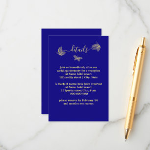 Cartão De Informações Borboletas de ouro elegantes românticas, azul real