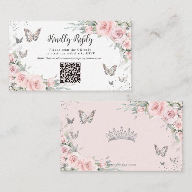 Cartão De Informações Borboletas Florais Quinceañera Código QR RSVP (Frente/Verso)
