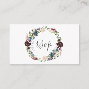 Cartão De Informações Borgonha e grinalda floral azul que Wedding RSVP