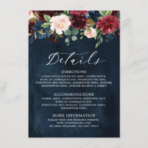 Cartão De Informações Borgonha Marinho Blush Blue Boho Botânico Floral