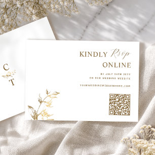 Cartão De Informações Branco e Dourado Elegante Código QR RSVP Casamento