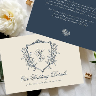 Cartão De Informações Brasão Floral Vintage em Creme e Azul Marinho com 