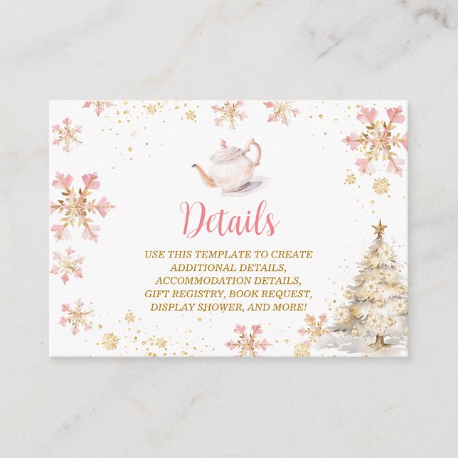 Cartão De Informações Brewing Pink Winter Tea Party Baby Shower Details (Frente)