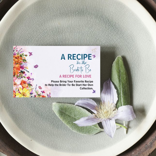 Cartão De Informações Bridal Shower Recipe Request Spring Pastel Floral (a recipe for the bride to be for love spring watercolor floral butterfly bridal shower wildflowers)