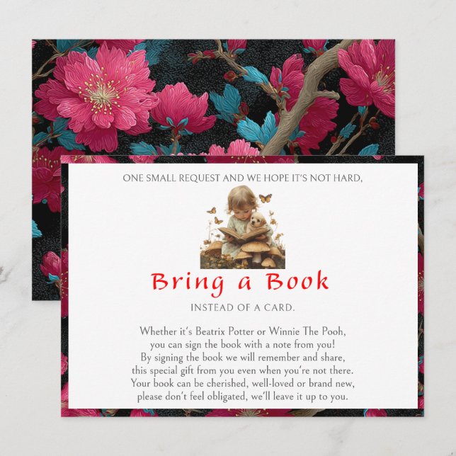 Cartão De Informações Bring a Book Baby Girl Puppy Red Flowers   (Frente/Verso)