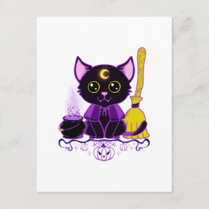 Cartão De Informações Bruxa de Gato Preto de Halloween Fofo