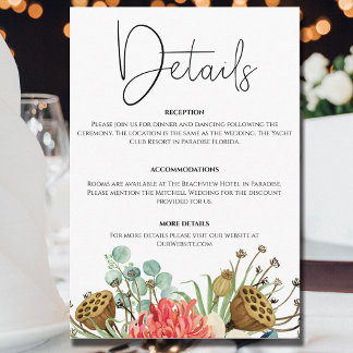 Cartão De Informações Buquê de Flores de Aguarela Boho Rosa Casamento