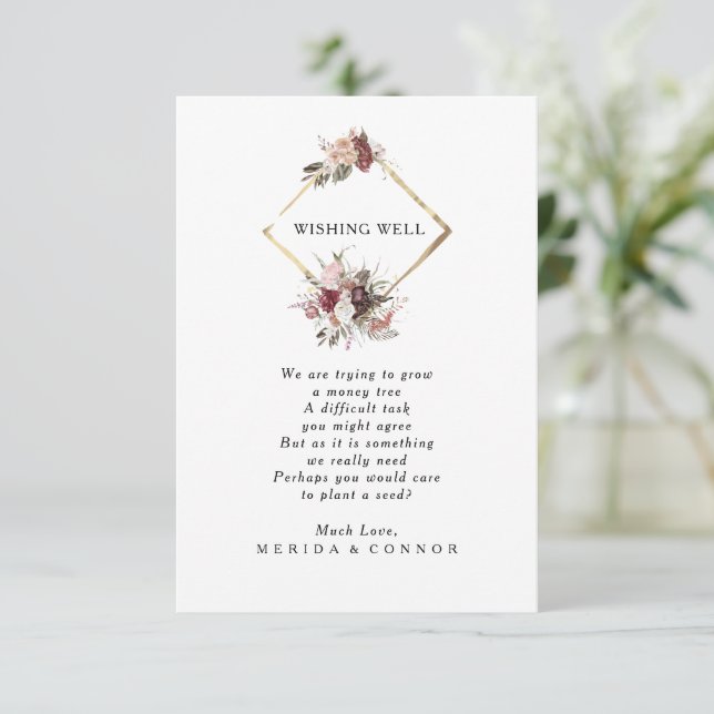 Cartão De Informações Burgundy Boho Floral Wishing Welcard (Em pé/Frente)