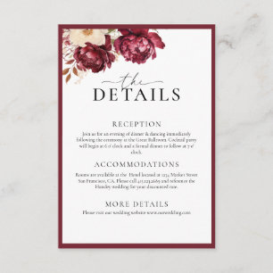 Cartão De Informações Burgundy Botanical   Detalhes do Casamento Elegant