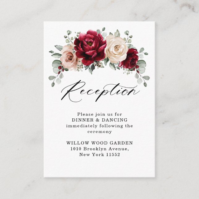 Cartão De Informações Burgundy Champagne Ivory Mauve Recepção de casamen (Frente)