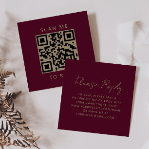 Cartão De Informações Burgundy Dourada Escrita Manual Casamento QR Code 