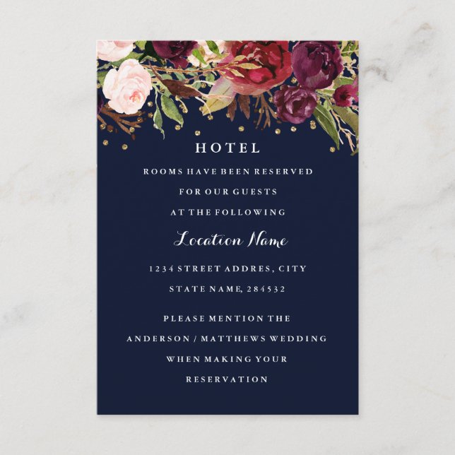Cartão De Informações Burgundy Dourado Confete Floral Casamento Hotel (Frente)